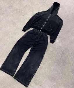 Ensemble de survêtement deux pièces pour homme, sweat à capuche zippé avec cordon de serrage et pantalon de survêtement décontracté, taupe avec surpiqûres contrastées - Product Image 5