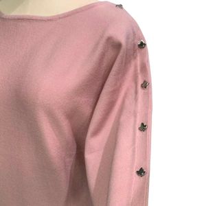 Pull en tricot rose poudré pour femme, col rond, manches longues, avec détail boutonné sur les manches, haut décontracté et tendance, confortable et chaud - Product Image 5