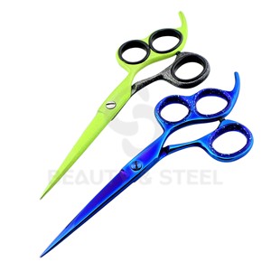 Tijeras Profesionales para Cortar Cabello de Titanio Azul con Hojas Rectas Afiladas y Agarres Ergonómicos con Anillo Brillante - Product Image 1