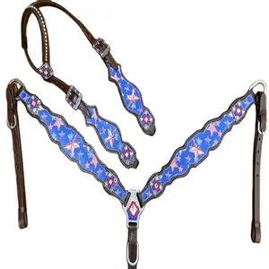Tachuela de caballo decorativa trenzada a mano a precio de venta al por mayor hecha de cuero genuino juego de coraza Western Headstall - Product Image 1