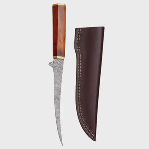 Cuchillo de filetear Damasco elegante hecho a mano con mango de madera y funda de cuero - Product Image 4