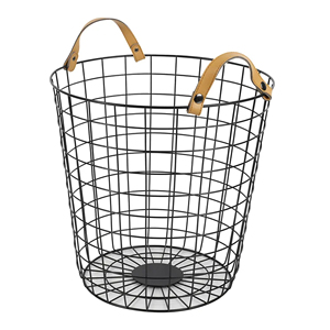 Modern Metal Wire Fruit <b>Basket</b> with Leather Handles Round Black Vegetable <b>Bread</b> Storage Bin Organizer Kitchen Countertop <b>Basket</b> - Product Image 1
