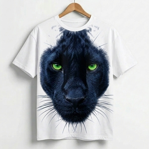 Camiseta de Manga Corta con Cuello Redondo para Hombre, Diseño de Pantera Negra con Ojos Verdes, Estampado Digital, Estilo Casual, Algodón Jersey, Talla Grande, Ecológica - Product Image 2