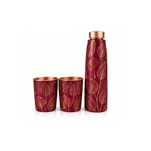 Bouteille d'eau en cuivre avec deux tasses assorties, motif rouge oriental, thermos portable pour les voyages et l'usage quotidien - Product Image 3