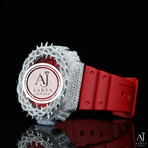 AARVA JEWELS Luxury Diamond Watch Stainless Steel Case Red <b>Rubber</b> Band Analog Quartz 45mm Round Dial Sapphire Crystal - Product Image 2