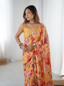 India Pakistan Style Regular Length Regular Fit <b>Orange</b> Chinon <b>Saree</b> with Mirror Work Women Traditional Party Wedding Wear - Product Image 1