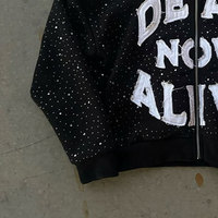 Sweat à capuche zippé brodé Dead Now Alive pour homme, coupe oversize, style streetwear, noir, en coton tricoté