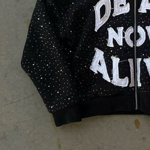 Dead Now Alive Embroidered <b>Zip</b>-Up <b>Hoodie</b> Men's Oversized Crop Streetwear <b>Black</b> Knitted Cotton Hooded Sweatshirt - Product Image 5