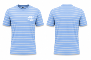 Men's Light Blue Striped O Neck Short Sleeve T-Shirt Regular Fit Casual 100% Cotton Knitted Breathable Front <b>Logo</b> Design - Product Image 2