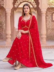Traje Anarkali de mezcla de seda bordada con dupatta, vestido largo hasta el suelo con vuelo, ropa étnica elegante, festiva, estructurada y tradicional. - Product Image 3
