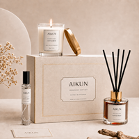 Coffret cadeau AIKUN de luxe avec bougie parfumée en verre, diffuseur à bâtonnets et spray d'ambiance, avec couvercle doré, idéal pour les fêtes