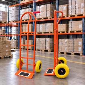 Orange Steel Hand Cart With Yellow Wheels Durable Industrial <b>Platform</b> <b>Trolley</b> Four-Wheel Design - Product Image 1