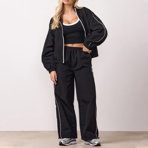 New Trendy Design Wholesale Custom Logo <b>Women</b>’s Black Windbreaker Zipper Tracksuit With Contrast Piping <b>Lightweight</b> Jogging Suit - Product Image 1