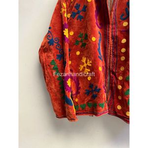Chaqueta de terciopelo con bordado floral, cuello mandarín, abrigo de invierno, estilo bohemio chic para mujer, abrigo de terciopelo de manga larga. - Product Image 3
