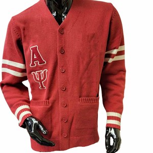 Alpha |   Phi |   Cardigan universitaire Alpha Fraternity - Noir avec lettres brodées et manches rayées, pull classique pour femme - Product Image 3