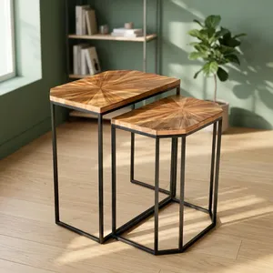 Handmade <b>Wooden</b> Set of 2 Nesting Coffee Tables Metal Leg Corner Side Tables <b>Stool</b> Flower Stand Farmhouse Living Room Bedroom - Product Image 5