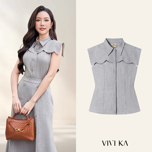 Blusa Elegante Gris para Mujer, Cuello Marinero, Corte Entallado, Sin Mangas, Estilo Oficina Chic, Poliéster y Spandex, MELA, ODM OEM - Product Image 1