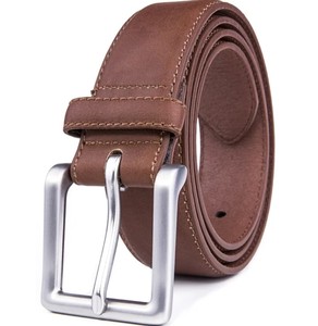Ceinture en cuir véritable pour homme, couleur marron unie, boucle à ardillon argentée, style décontracté, respirante, largeur 3,5 cm, durable, faite à la main - Product Image 2