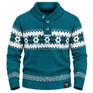 Suéter de Invierno para Hombre, Color Azul Turquesa, Diseño Fair Isle, 100% Algodón, Anti-Pilling, Manga Larga, Cuello con Botones, con Patrón Geométrico - Product Image 1