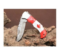 Couteau de poche en acier damas fait à la main avec drapeau du Canada manche en acrylique traversin en laiton gaine en cuir fin couteau de poche viral