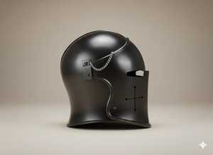 Casque barbuta médiéval noir antique artisanal, armure intégrale avec motif en relief et visière à chaîne - Product Image 2