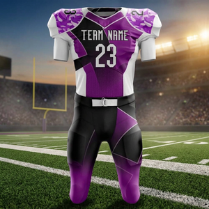 Ensemble d'uniformes de football américain entièrement personnalisables, imprimés par sublimation, géométriques, violets et noirs. - Product Image 5