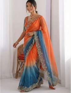 Sari de Diseño KV Naranja Satinado Bordado con Blusa Cosida - Product Image 3