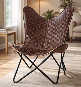 Chaise papillon en cuir matelassé brun foncé de qualité supérieure, structure en métal noir, faite à la main, moderne, légère, pour la maison ou le bureau - Product Image 1