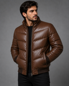 Blouson en cuir matelassé gaufré pour homme, style motard, fermeture éclair, coupe ajustée, pour l'hiver, avec logo frontal, chauffant - Product Image 1