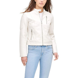 <b>Women's</b> White PU Leather Motorcycle Jacket Stand Collar Zipper Moto Biker Short <b>Coat</b> Windproof Autumn Outerwear - Product Image 5