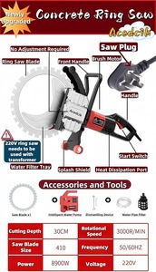 Scie à anneau pour béton de 16 pouces, scie à béton électrique 220V/8900W haute puissance, machine de découpe murale humide avec suppression de la poussière par alimentation en eau - Product Image 3