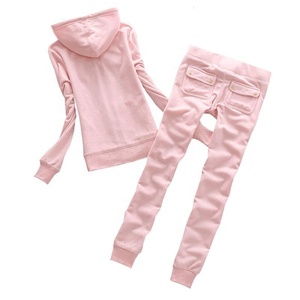 Active Gym Women's Velvet Slim Fit Blank Hooded Track Suit Full Front Zipper Hoodie Survetement Velour Plain Blank Sweat Suit - Product Image 5