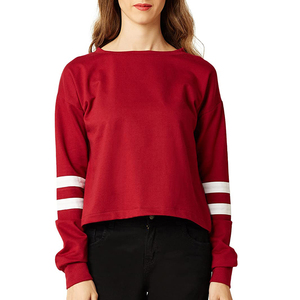 Sweat-shirt à col rond à manches longues rouge pour femme, couleur unie, en coton tricoté, haut décontracté avec des rayures blanches sur les manches - Product Image 2