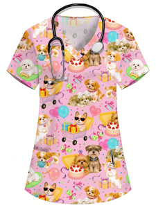 Blouse d'uniforme à imprimé chien mignon, col en V, poche poitrine, pour technicien/vétérinaire, personnalisable, vente en gros - Product Image 1