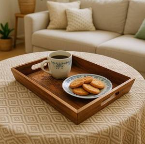 Plateau en bois d'acacia massif fait main, plateau de service pour le petit-déjeuner, table basse et ottoman, accessoire de cuisine durable et décoration intérieure - Product Image 6