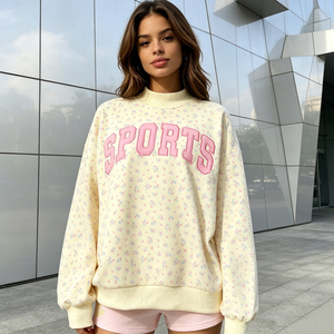 Nueva Sudadera Oversize para Mujer con Cuello Alto, Estampado Floral, Letras Rosas, Estilo Deportivo, 100% Algodón Tejido, Manga Larga, Estilo Otoñal - Product Image 1