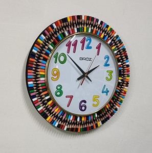 Handmade Colorful Pencil Wall <b>Clock</b> Needle Silent Sweep Quartz Movement Wood Frame 14x14" <b>Art</b> Deco Design for Living Room - Product Image 3