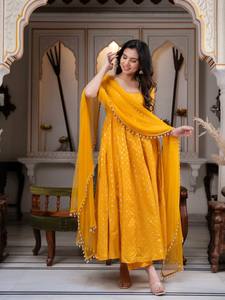 Artisan Chanderi Jacquard Anarkali Set Adorned With <b>Mirror</b> Detailing Pearl Net Dupatta And Lace Finish Festive Wardrobe - Product Image 3