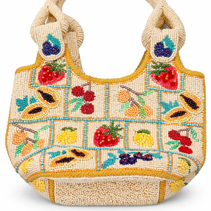 Bolsos tote con cuentas con diseño de frutas, detalle de bolso de mano en primer plano, perfecto para bodas nocturnas y uso casual, disponible para la venta. - Product Image 1
