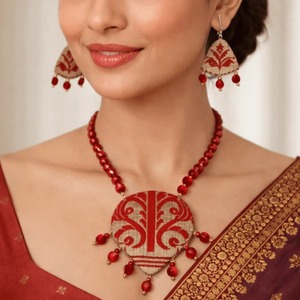 Indian Supplier Assamese Traditional Gamusa <b>Red</b> Muga <b>Silk</b> Necklace Set Ethnic Handmade Jewelry for Women Available At Best Price - Product Image 6