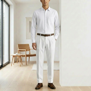 Ensemble chemise et pantalon pour homme, 100% polyester tissé, respirant, bleu clair, manches longues, boutonné, pantalon plissé, tenue décontractée pour le bureau - Product Image 3