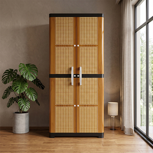 Naiba Deluxe Long Door Plastic Wardrobe <b>Cabinet</b> with Rattan Style Rounded-Panel Hinged Doors for Bedroom Storage - Product Image 1