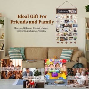 Cornice da parete in legno per decorazione, con 30 clip, corda per esposizione foto, superficie scrivibile per cartoline - Product Image 6