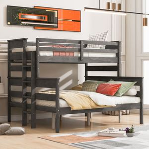 Cama litera doble XL gris sobre cama queen con escalera, muebles de madera para niños - Product Image 4