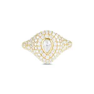 18K Solid Gold Pear Pave Signet <b>Ring</b> Lab Grown Diamond Bezel Center Halo Chunky Statement Women's Wholesale Supplier - Product Image 1