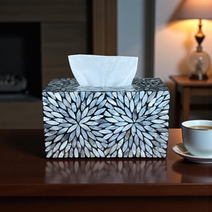 Luxury Black And White Floral Inlay Mother of Pearl Tissue Holder Ideal for Guest Room Welcome Setup and Hotel Suite Decor - Product Image 6