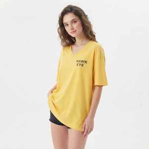 T-shirt à manches courtes jaune col en V pour femme Hawk Eye, coupe ample, en coton, jersey décontracté, logo imprimé, printemps été - Product Image 4