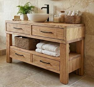 Mueble de baño de madera maciza con almacenamiento de varios cajones y estructura de estantería abierta, ideal para baños de interior modernos. - Product Image 1