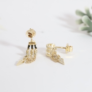 Gold Bali Huggie Hoop <b>Earrings</b> Classic Triple Row Lab Grown <b>Diamond</b> Brilliant Cut Crystal Multi Strand <b>Dangle</b> Tassel Fine - Product Image 2