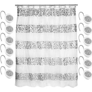 Classic Luxury 12pc Bathroom Shower <b>Curtain</b> Set Unique Design Fabric <b>Curtains</b> with 12 <b>Hooks</b> - Product Image 1